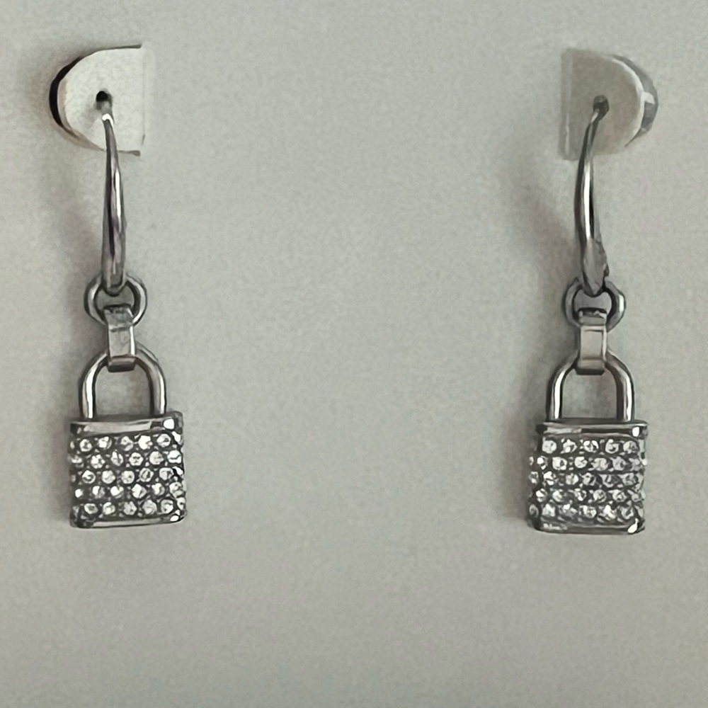 Authentic Michael Kors logo lock crystal earrings silver tone